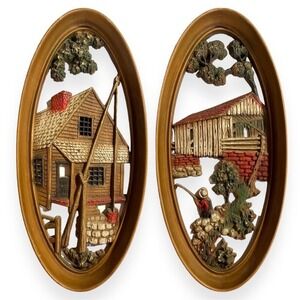 Vintage 1965 Burwood Wall Plaques Oval Cabin Farm‎ Decor USA LOT of 2
